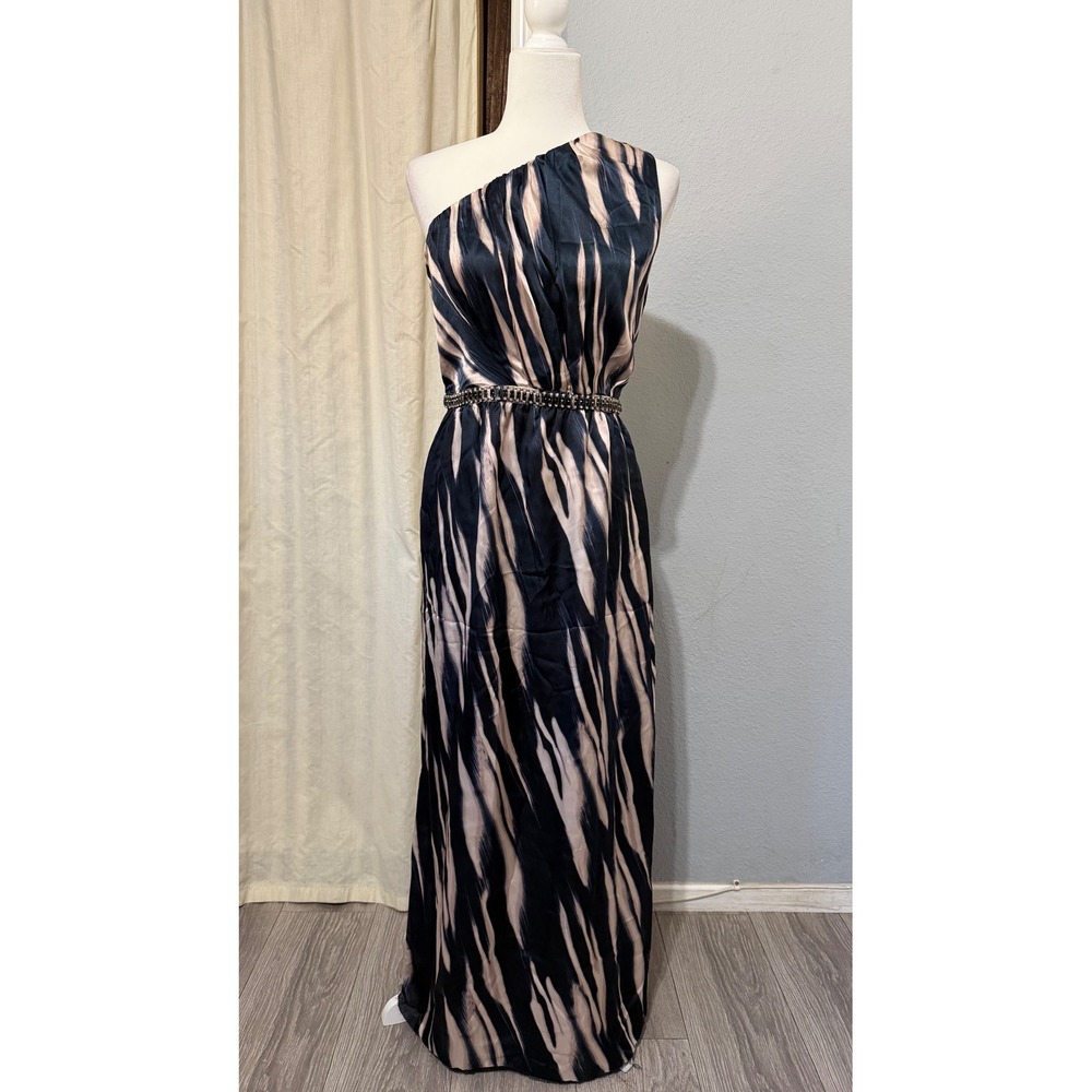 Marciano Los Angeles One Shoulder Maxi Dress Size S Navy Champagne Grecian Slit